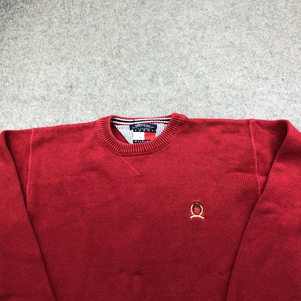 Vintage Tommy Hilfiger Sweater Mens Large Red Cotton Knit Crewneck Chest Logo